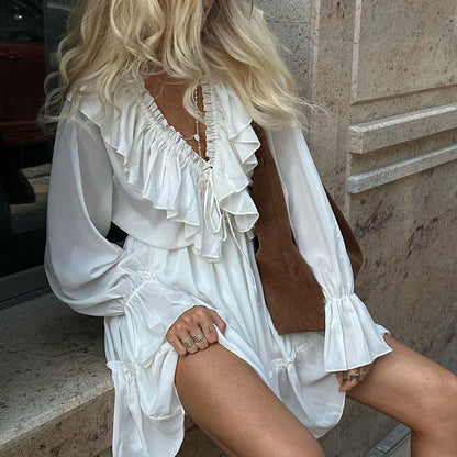 V-neck Pleated Ruffle Waist Long Sleeve Mini Dress