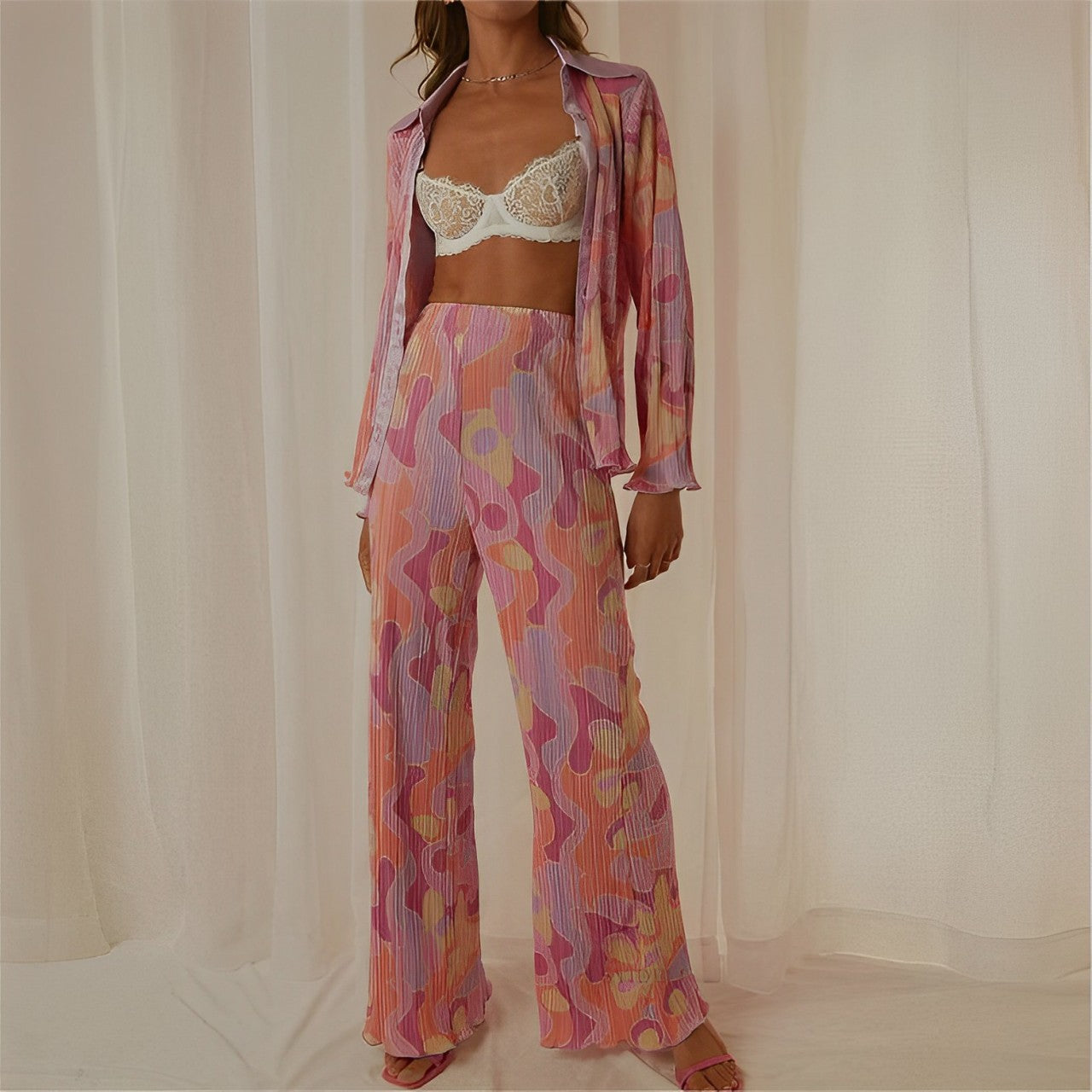 Pleated Printed Lapel Long-sleeved Shirt Pants Set