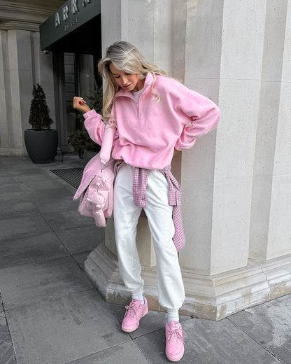 Pink Mood Pullover Zip-Up Lapel Elasticated Tunic Hoodie