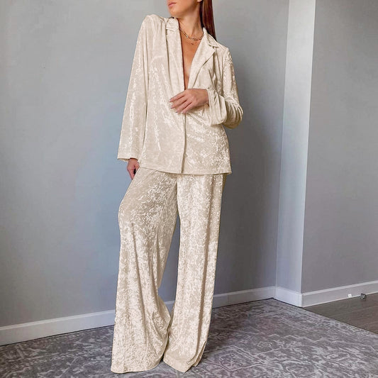 Velvet Lapel Shirt Baggy Wide-Leg Pant Suit