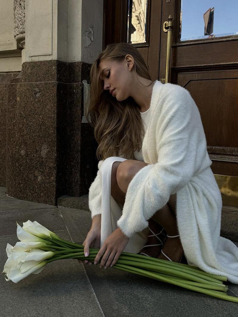 Furry Cardigan and Split Dress Set