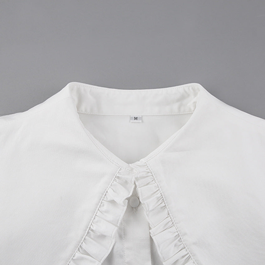 Court Style Pleated Doll Neck Cotton Shirt