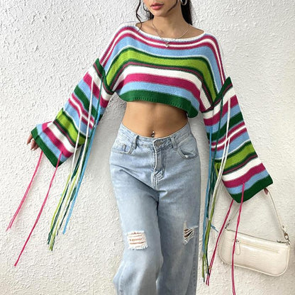 Boho Knit Rainbow Striped Fringe Crop Sweater