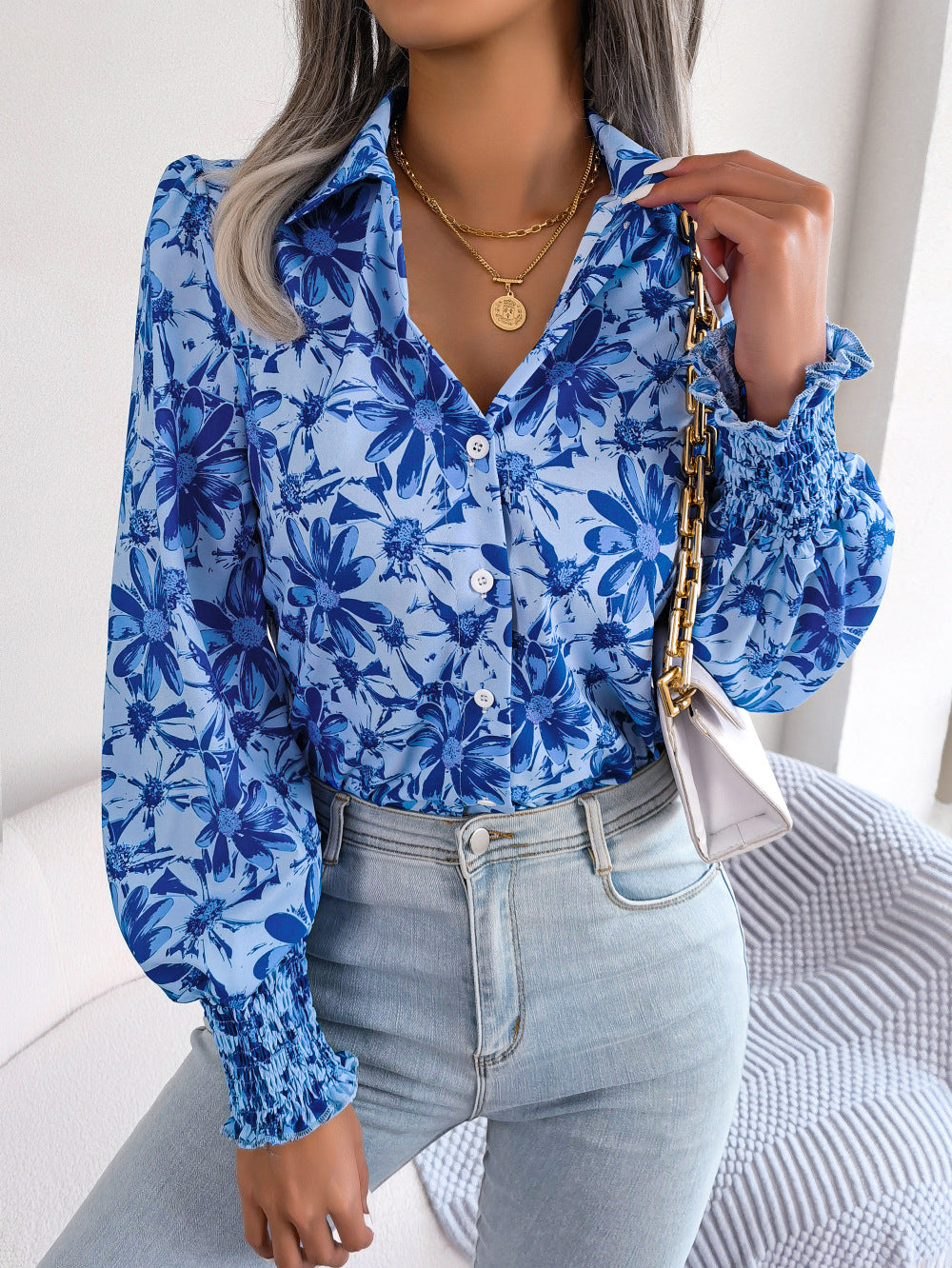 Lantern Sleeve Floral Print Shirt