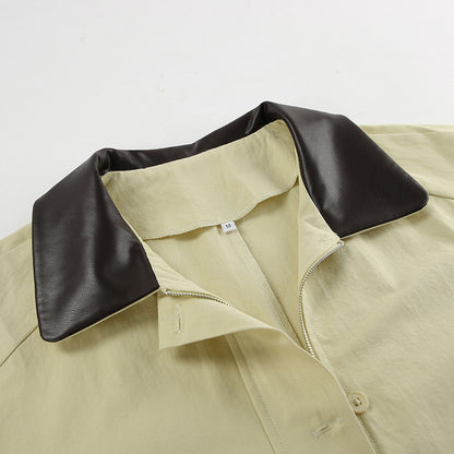 Leather Collar Zippered Large Pocket Jacket