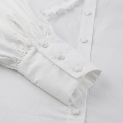 Court Style Pleated Doll Neck Cotton Shirt