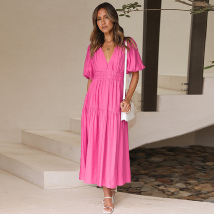 V-neck Puffy Sleeve Pleated Stretch Maxi Dress