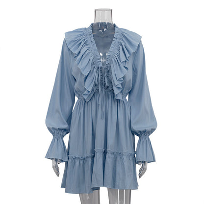 V-neck Pleated Ruffle Waist Long Sleeve Mini Dress