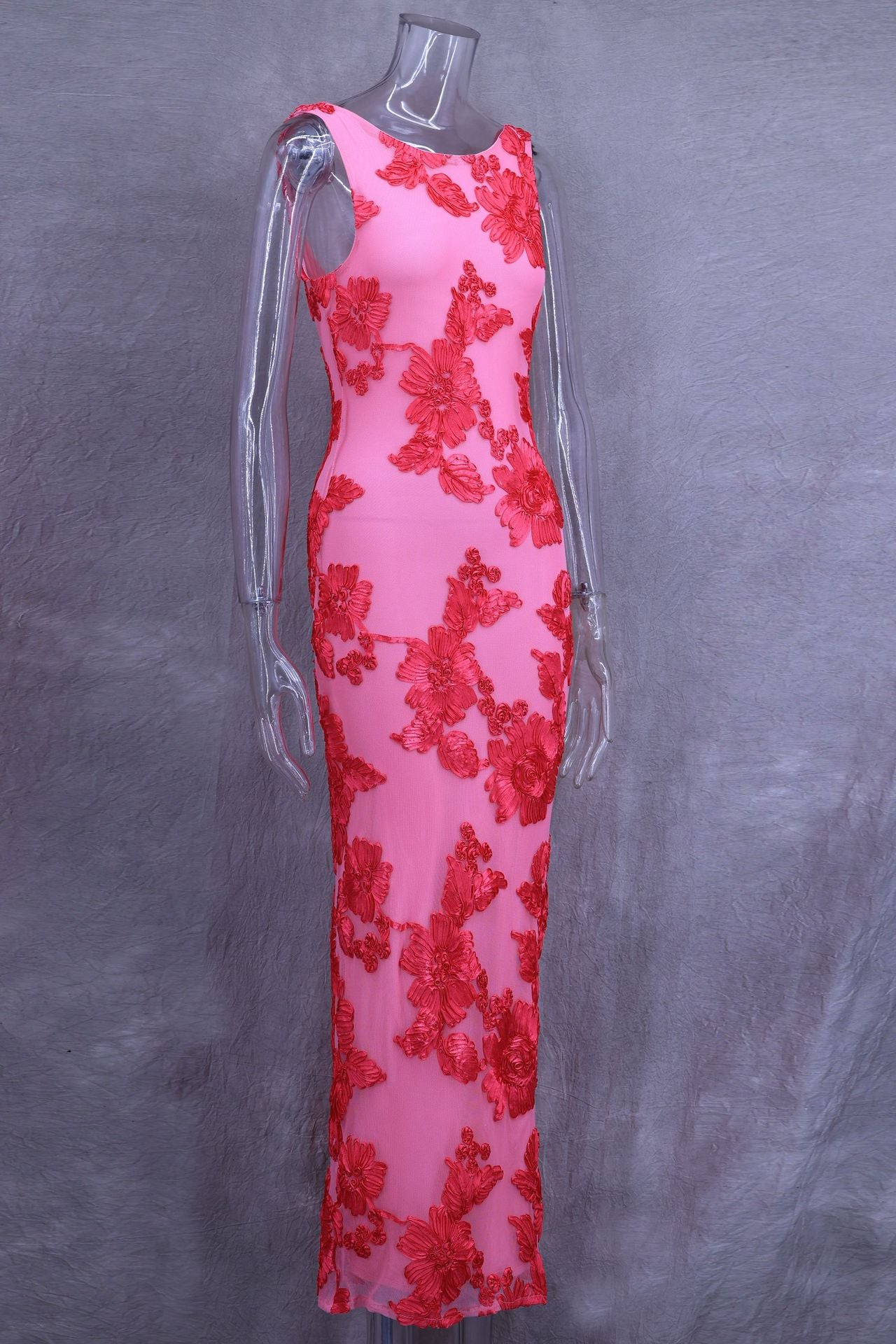 Exquisite 3D Floral Slim-Fit Maxi Dress