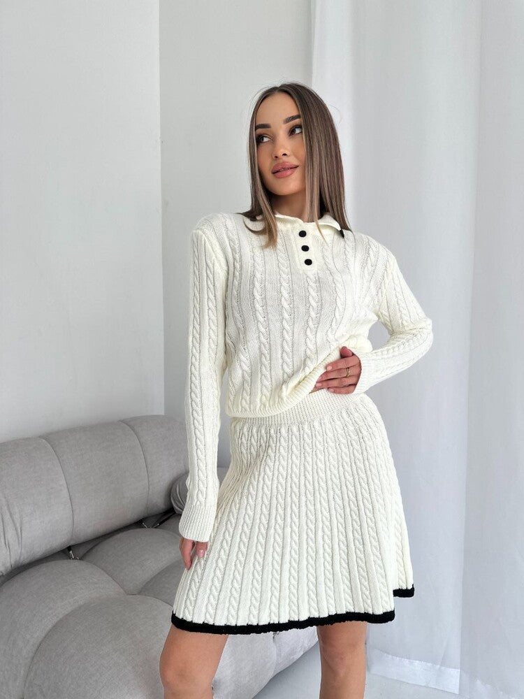 Solid Color Slim Knit Long Sleeve Skirt Two-Piece Set