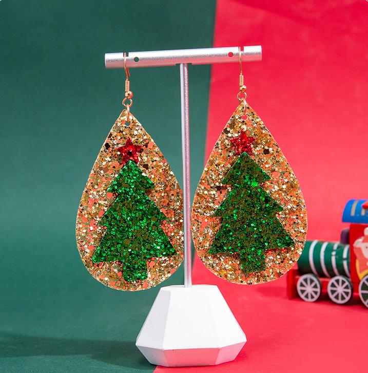 Christmas Tree And Elk Sequin Glitter Leather Stud Earrings