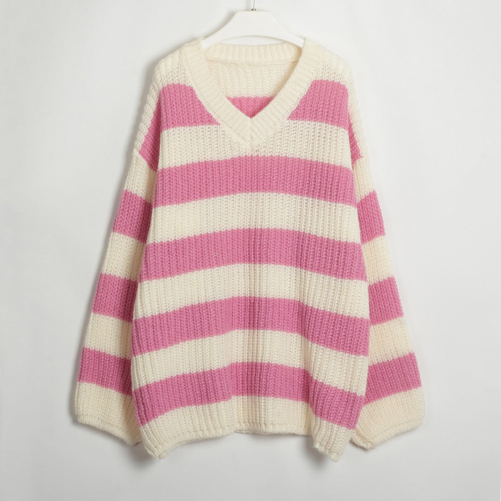 Loose V-neck Striped Knit Sweater