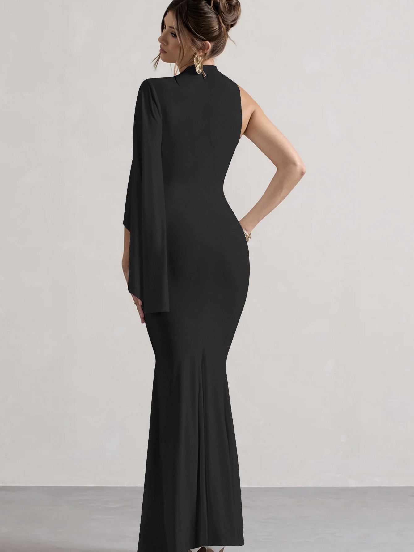 Half High Neck One Shoulder Long Sleeve Slim Fit Maxi Dress