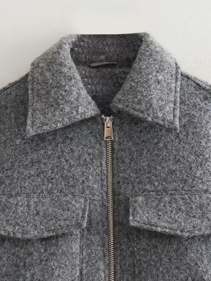 Cropped Wool Blend Front Pockets Jacket