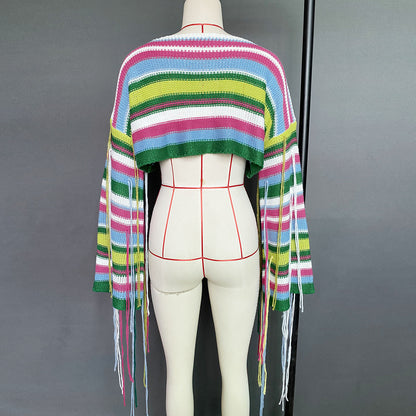 Boho Knit Rainbow Striped Fringe Crop Sweater