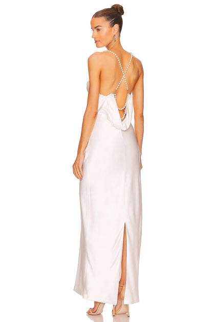 Elegant Backless Pearl Halter Maxi Dress