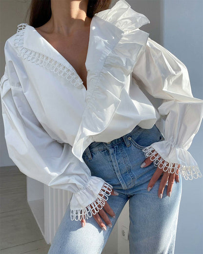 V-neck Asymmetry Frilled Long Sleeve Blouse Shirt