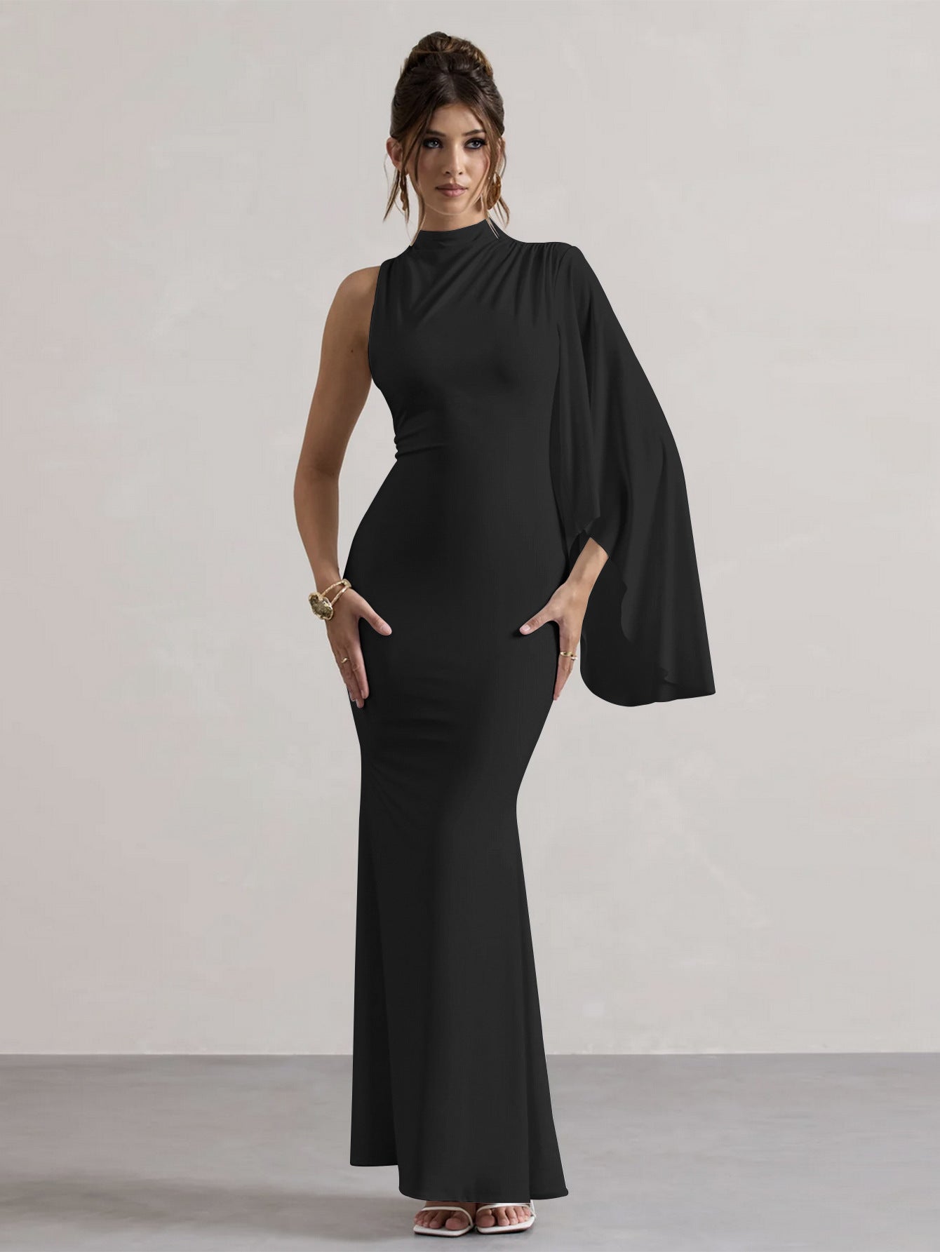 Half High Neck One Shoulder Long Sleeve Slim Fit Maxi Dress