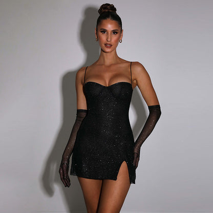 Sequined Black Slit Mini Dress