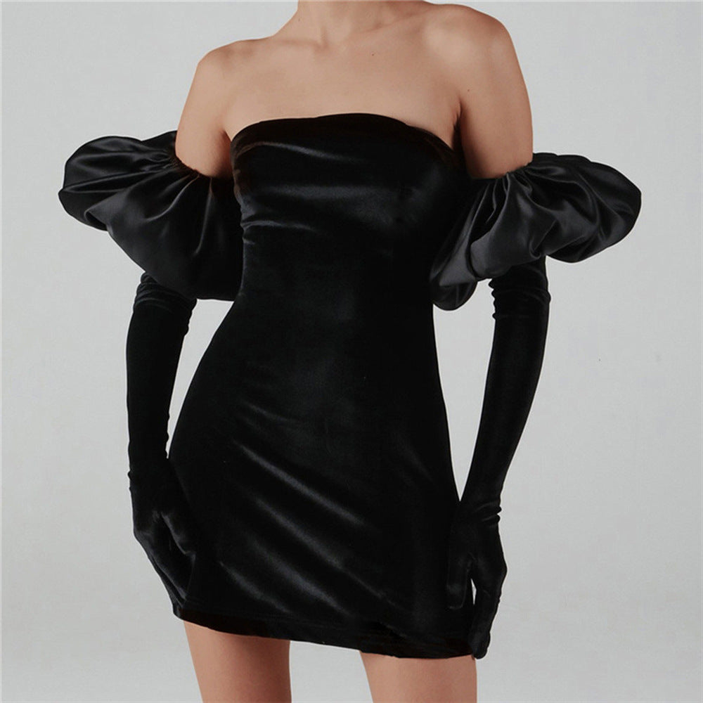 Gloves Bubble Sleeve Slim Mini Dress