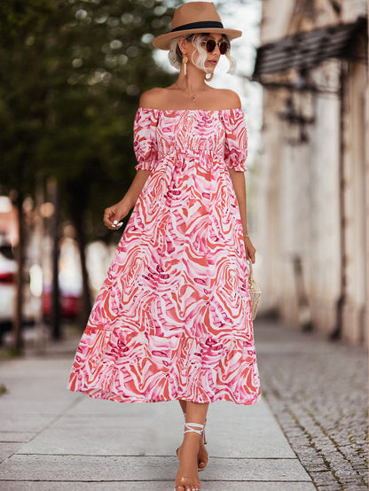 Smocked Print Off The Shoulder Midi Dress