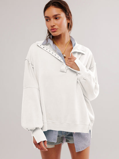 Loose Lantern Sleeve Lapel Slit Hoodie