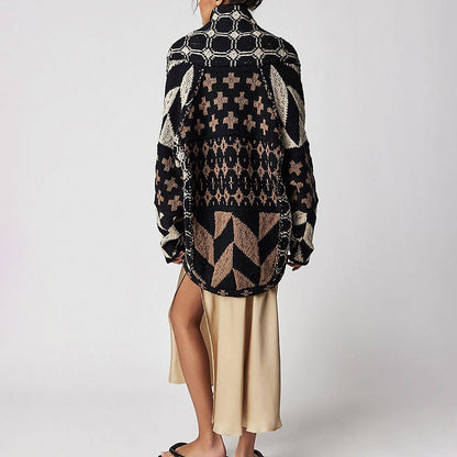 Collared Neck Geometric Pattern Long Sleeve Cardigan