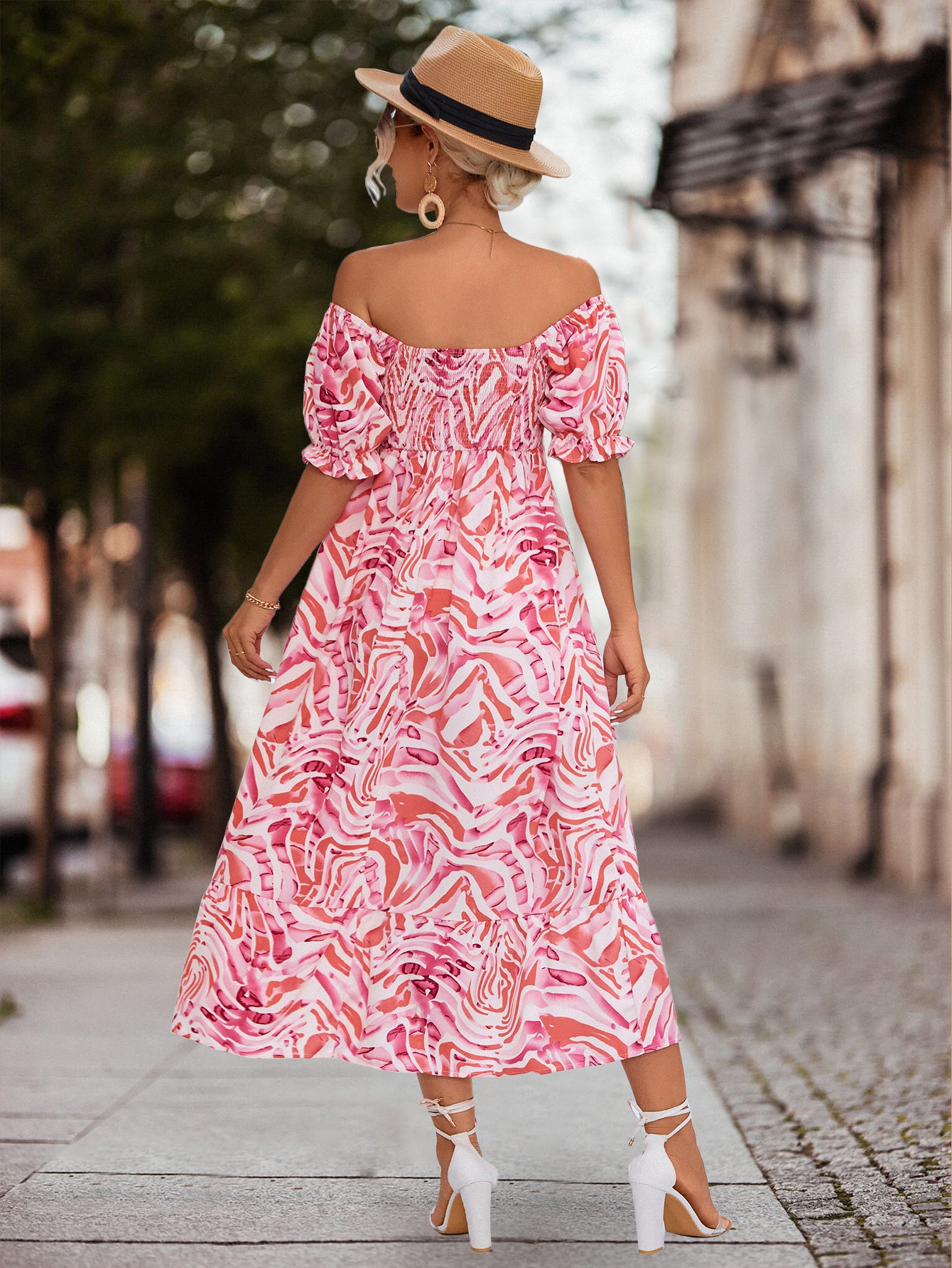 Smocked Print Off The Shoulder Midi Dress