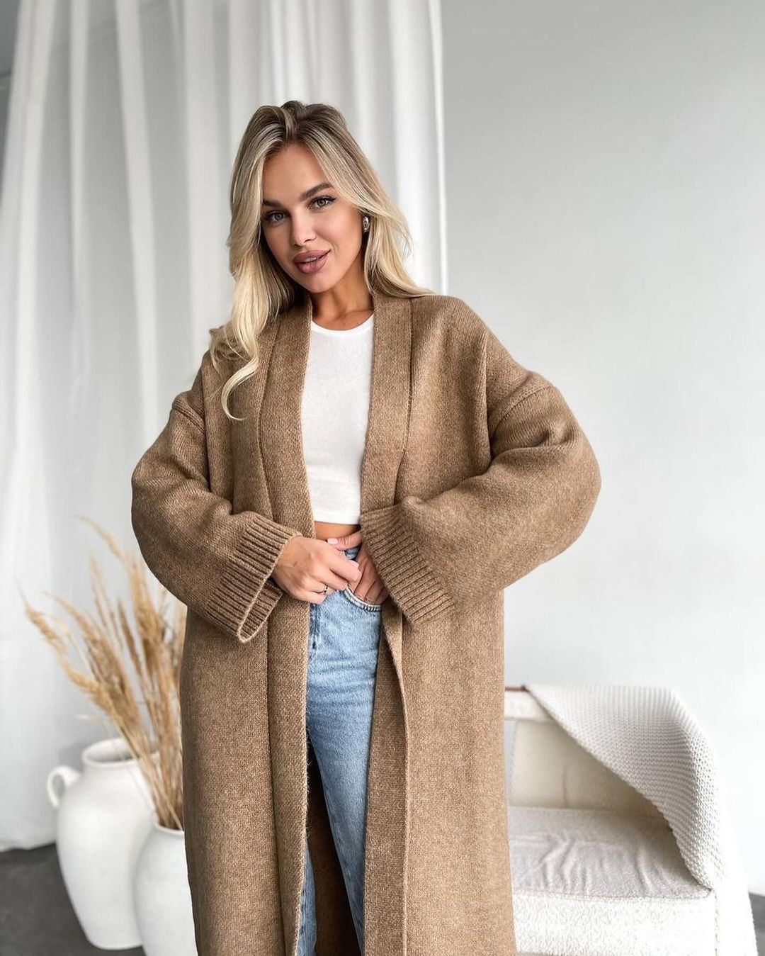 Solid Color Long Knit Cardigan