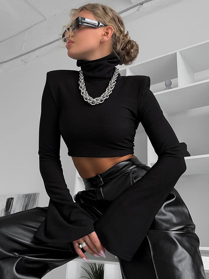 High Neck Padded Shoulder Flare Sleeve Crop Top