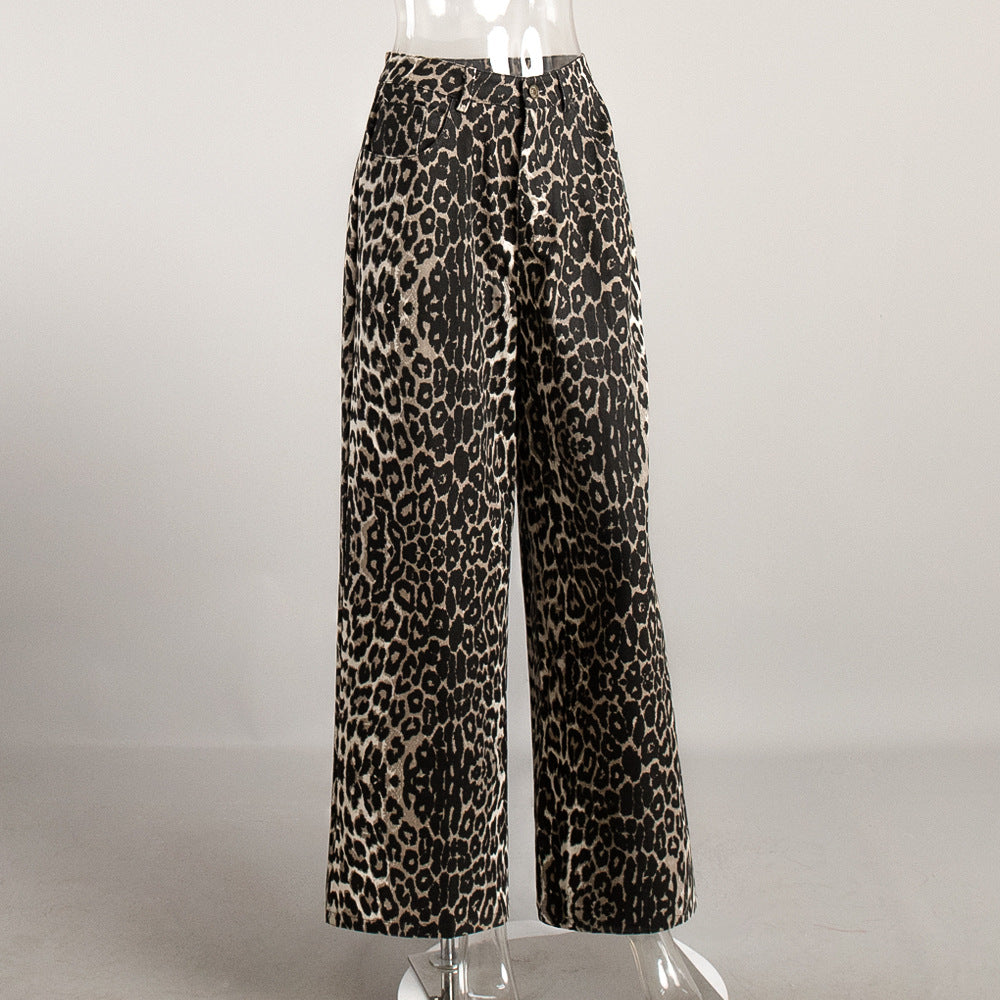 Leopard Print Wide-Leg Floor-Length Pants