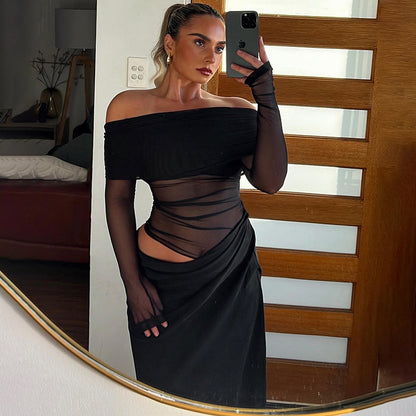 Off-Shoulder Long Sleeve Cut Out Maxi Dress