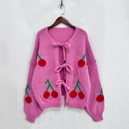 Cherry Knit Lace-Up Cardigan