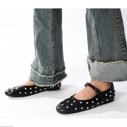 Studded Rhinestones Mary Jane One-Line Buckle Ballet Flats