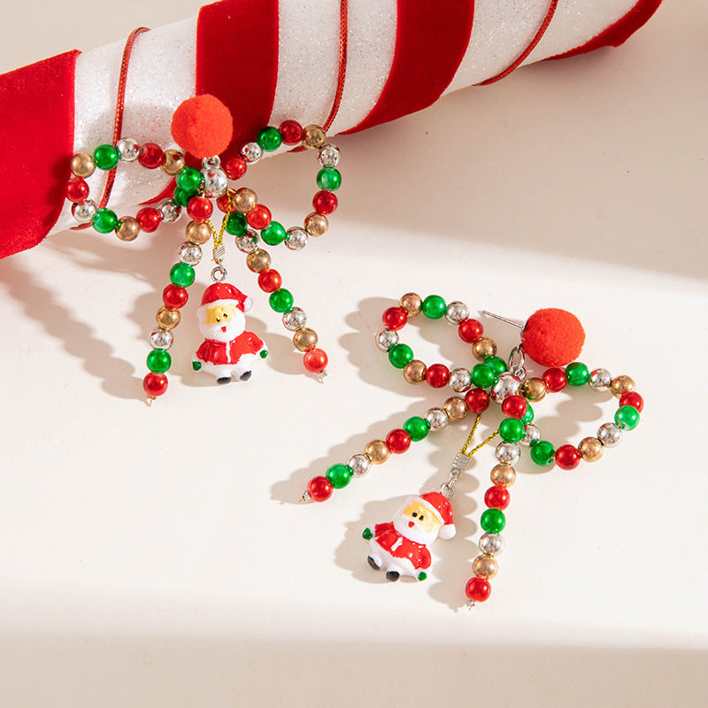 Christmas Beaded Bow Santa Earrings