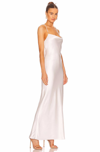 Elegant Backless Pearl Halter Maxi Dress