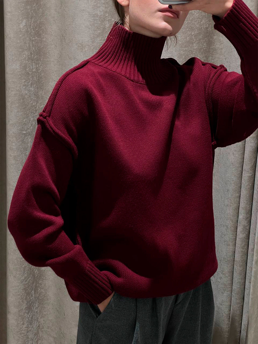 Solid Color High Neck Long Sleeve Knitted Sweater