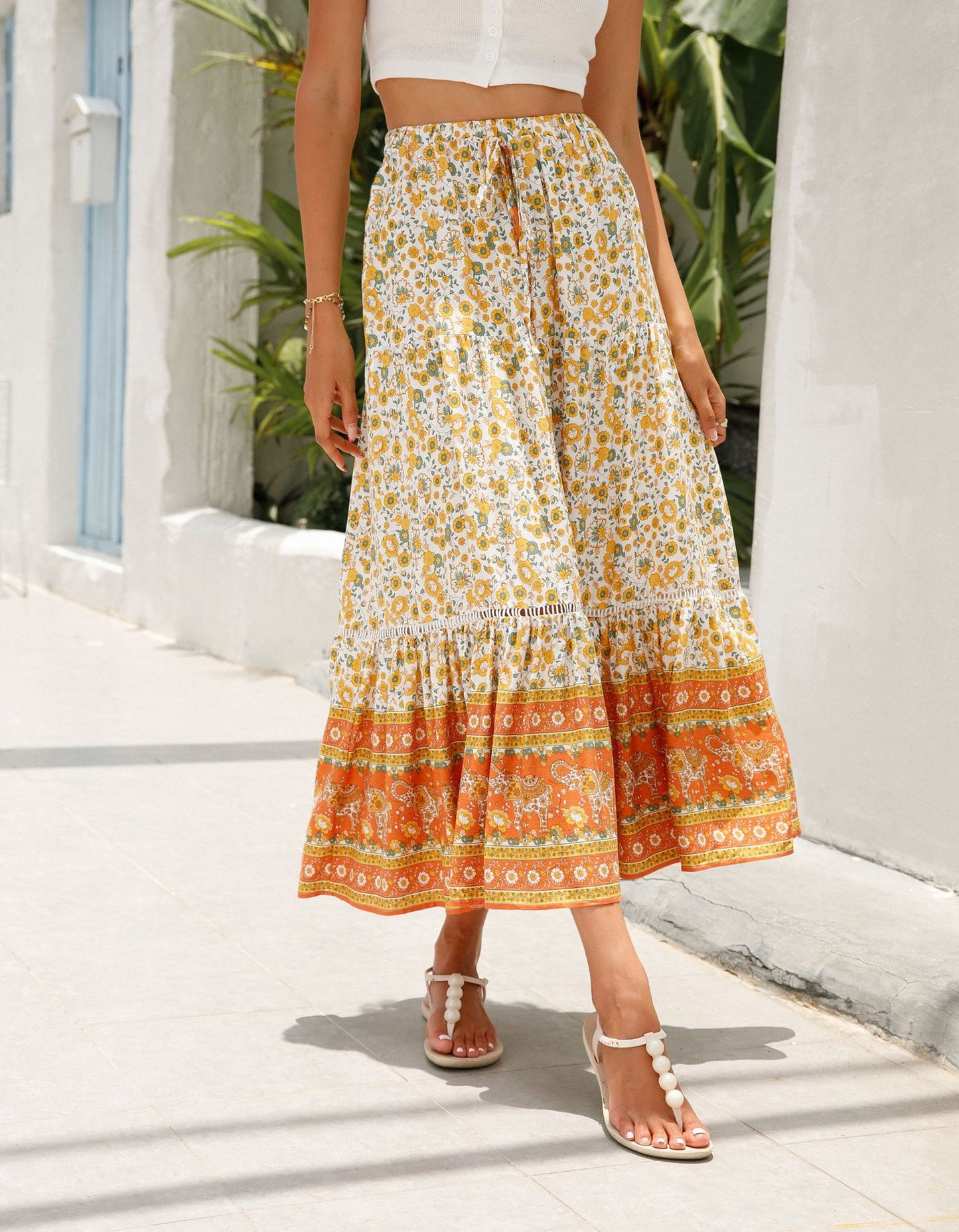 Romantic Boho Floral Print High Waist Skirt