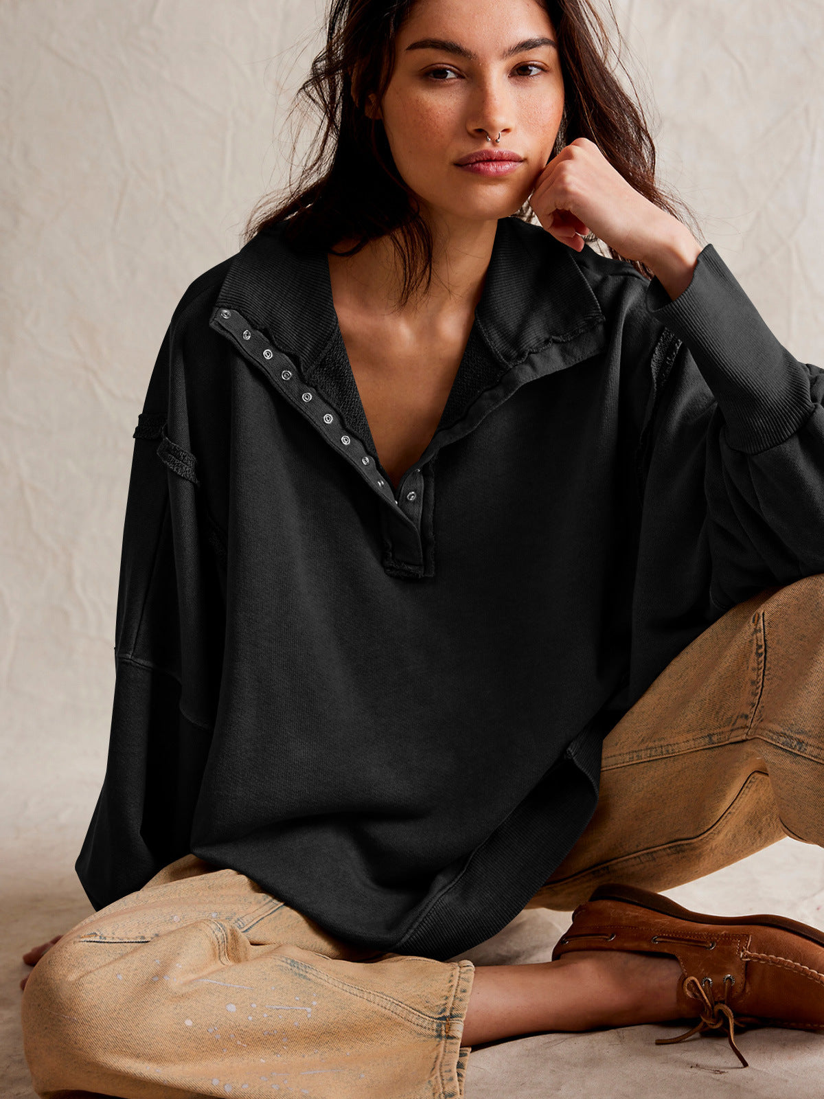 Loose Lantern Sleeve Lapel Slit Hoodie