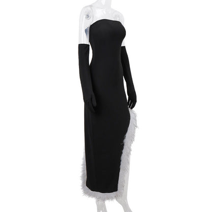 Raw Edge Slit Sheath Maxi Dress (Gloves Included)