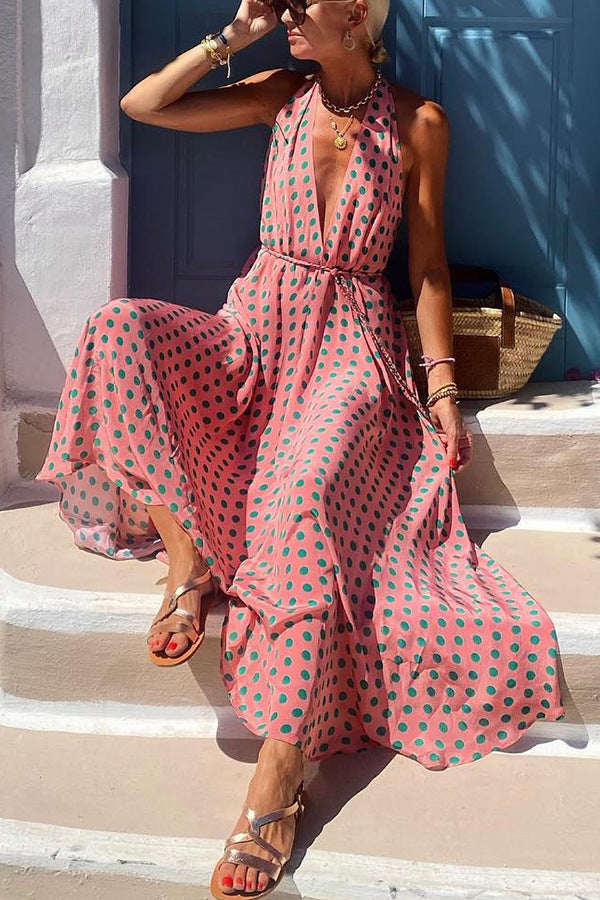 Polka Dots Print Back Lace-Up Swing Maxi Dress