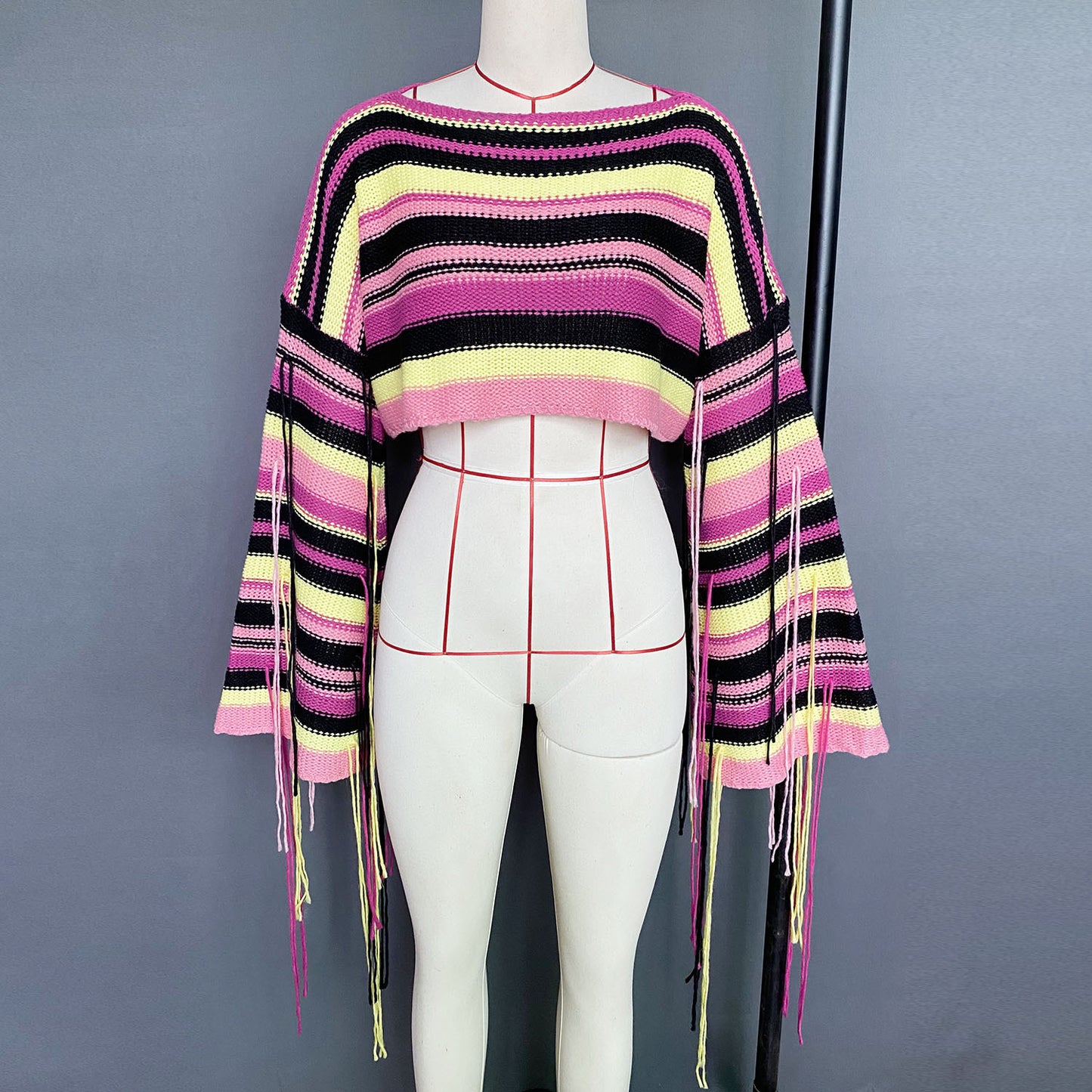 Boho Knit Rainbow Striped Fringe Crop Sweater