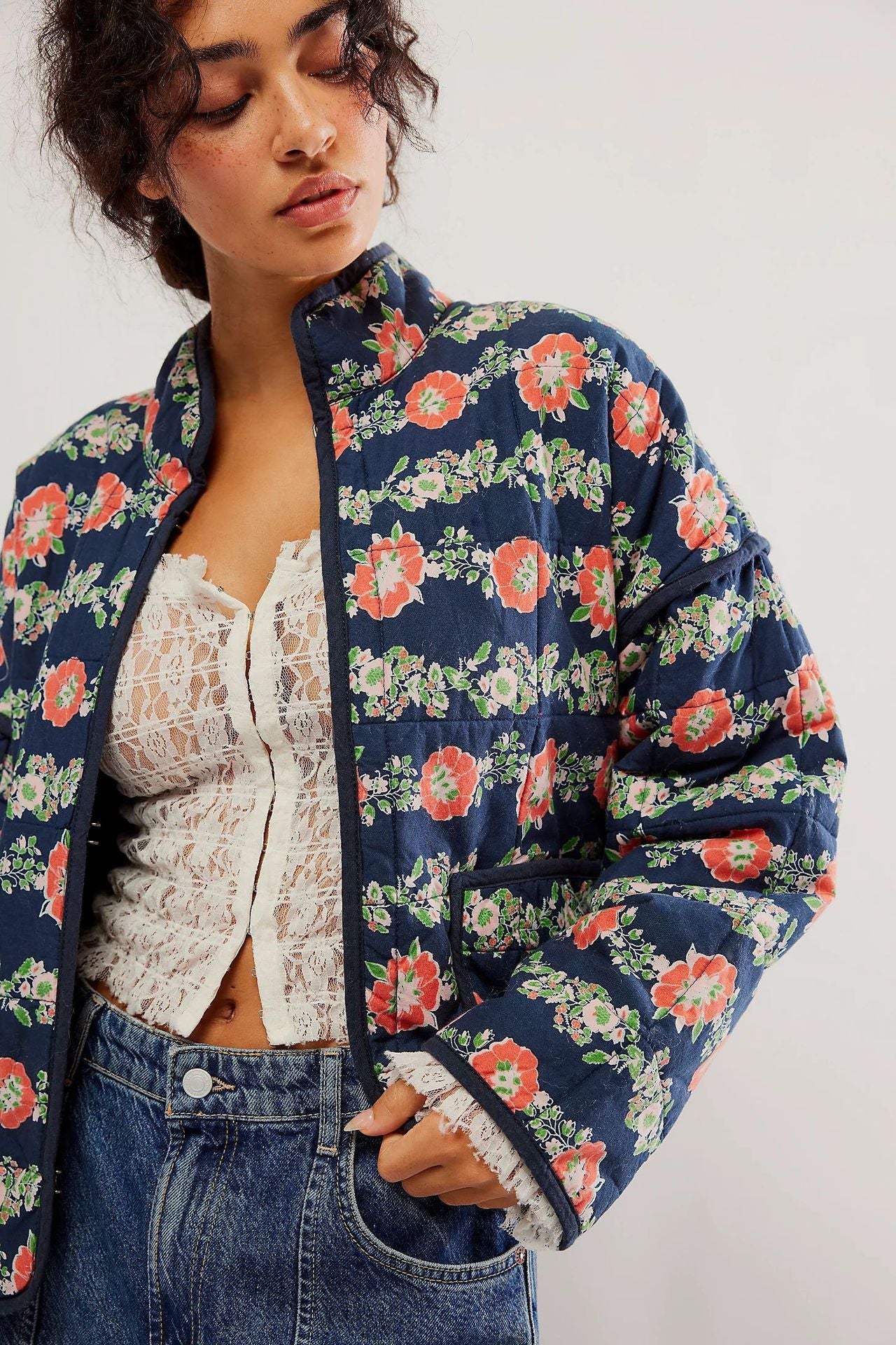 Flower Print Pocket Clip Cotton Drop Shoulder Jacket