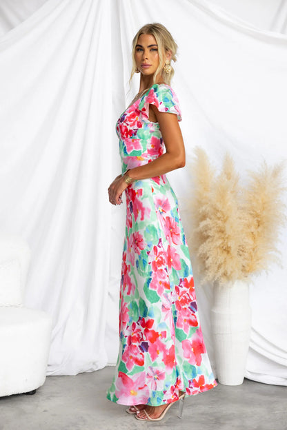 Flower Print V-neck Peplum Sleeve Maxi Dress