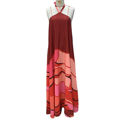 Halter Neck Printed Backless A-Line Maxi Dress