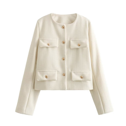 Shoulder Pads And Crew-Neck Button Jacket