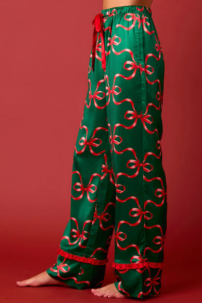 Green Christmas Pajama Set With Red Bow