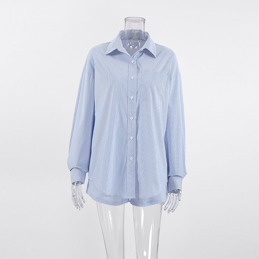 Blue Elegant Long Sleeve Shirt And Short Set