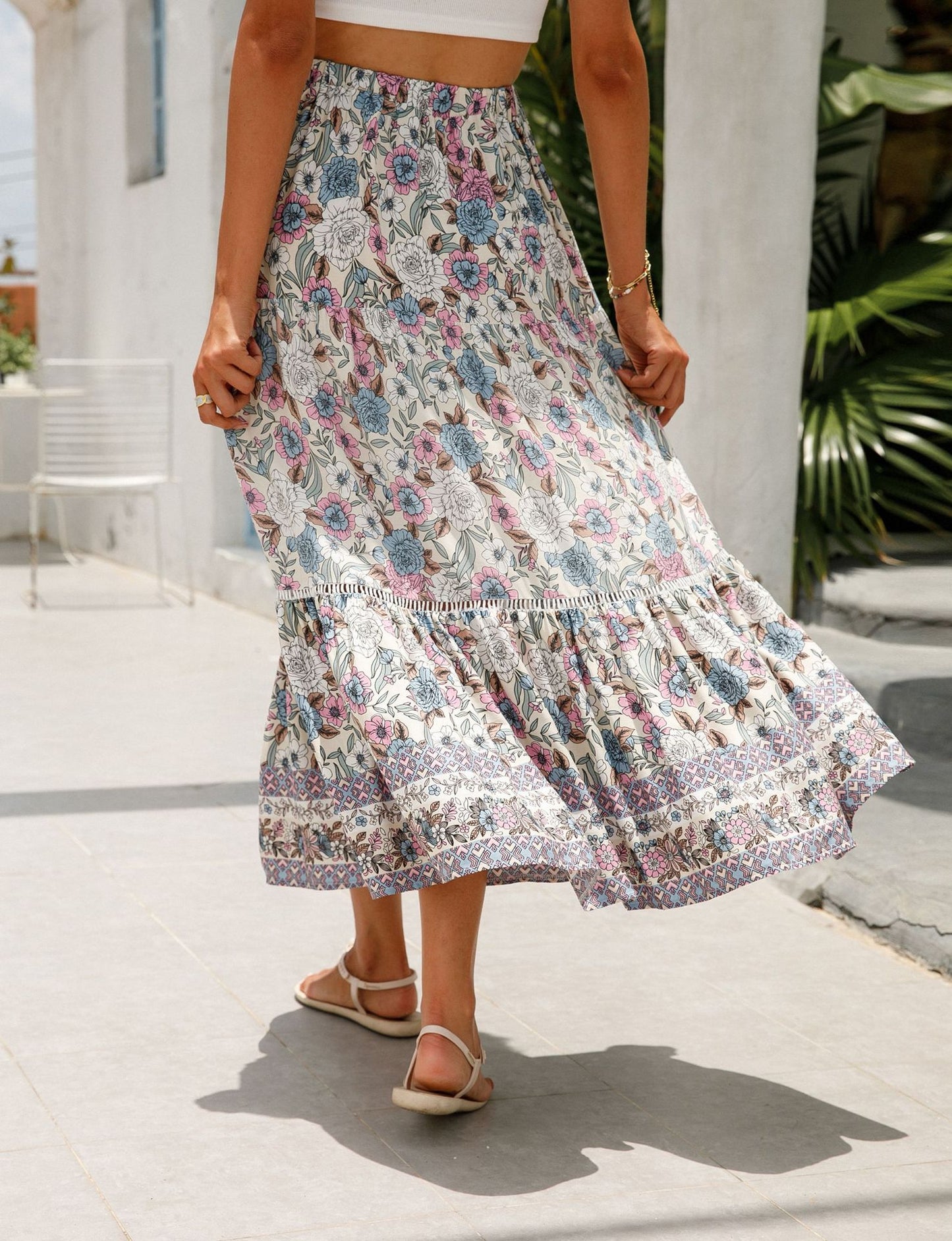 Romantic Boho Floral Print High Waist Skirt