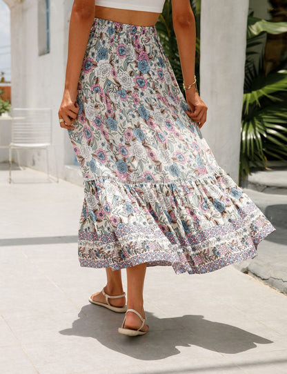 Romantic Boho Floral Print High Waist Skirt